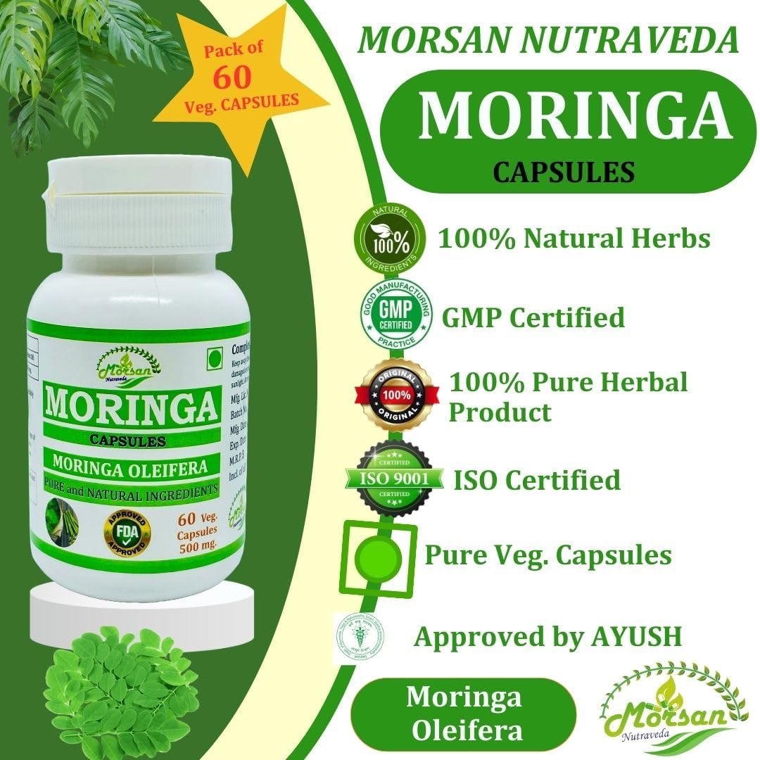 Morsan Nutraveda Herbal Moringa OLEIFERA Extract Capsules - Highest Potency, 100% Natural, Pack of 120 Veg Capsules