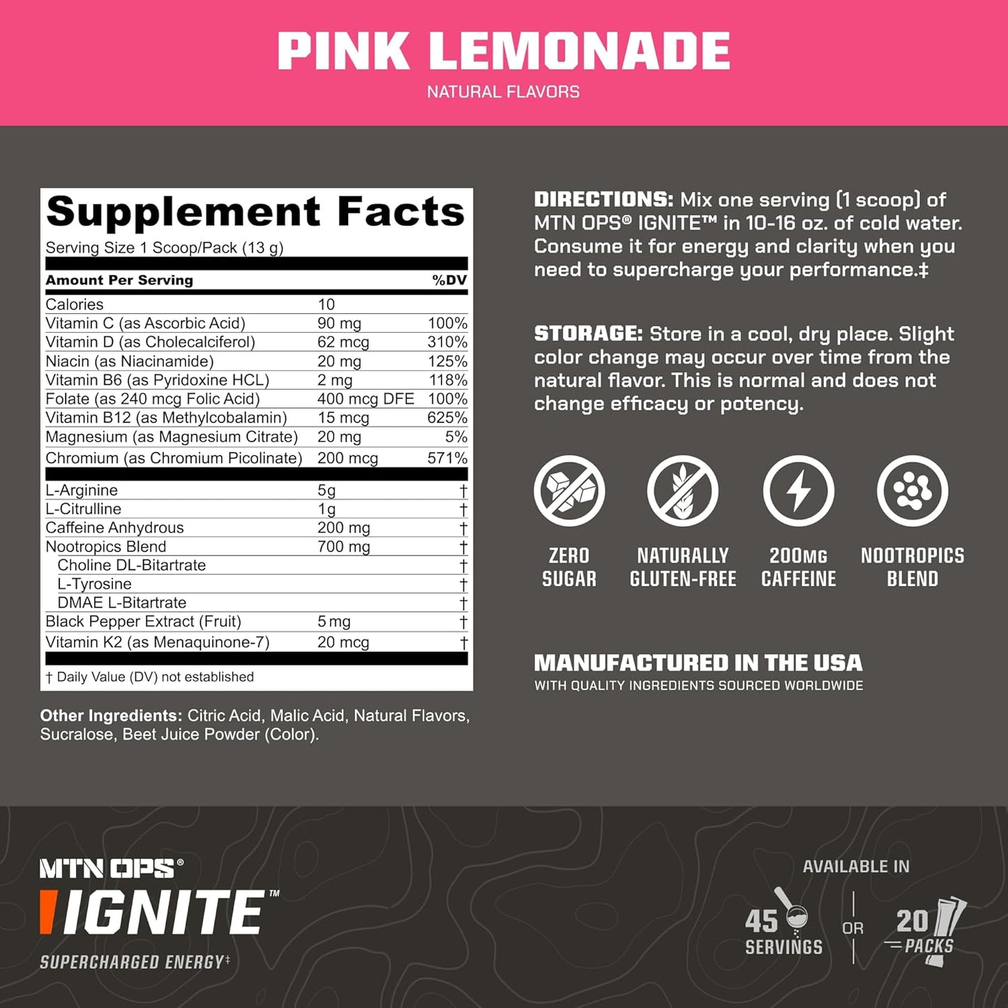 MTN OPS Ignite Trail Pack Pink Lemonade Energy Drink Mix - 20 Servings, Supercharged Boost