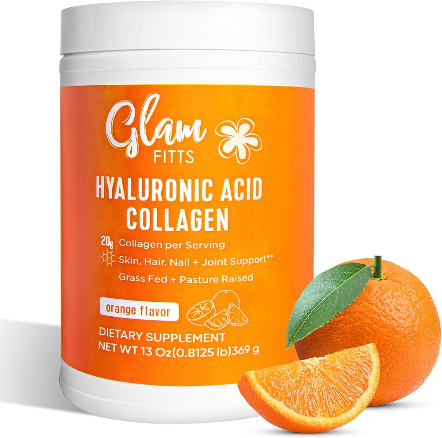 Multi Collagen Protein Powder with Hyaluronic Acid for Hair Skin Nails Joint Support - 20g per Serving, 13oz - Complex Vitamin C - Orange Flavor