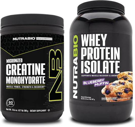 Muscle Energy & Growth Bundle: NutraBio Creatine Monohydrate 300g + Whey Protein Isolate Blueberry Muffin - Recovery & Strength Support
