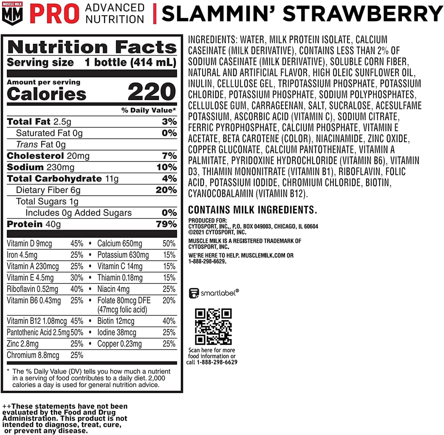 Muscle Milk Pro Series Slammin' Strawberry Protein Shake - 40g Protein, 14 Fl Oz, 12 Pack