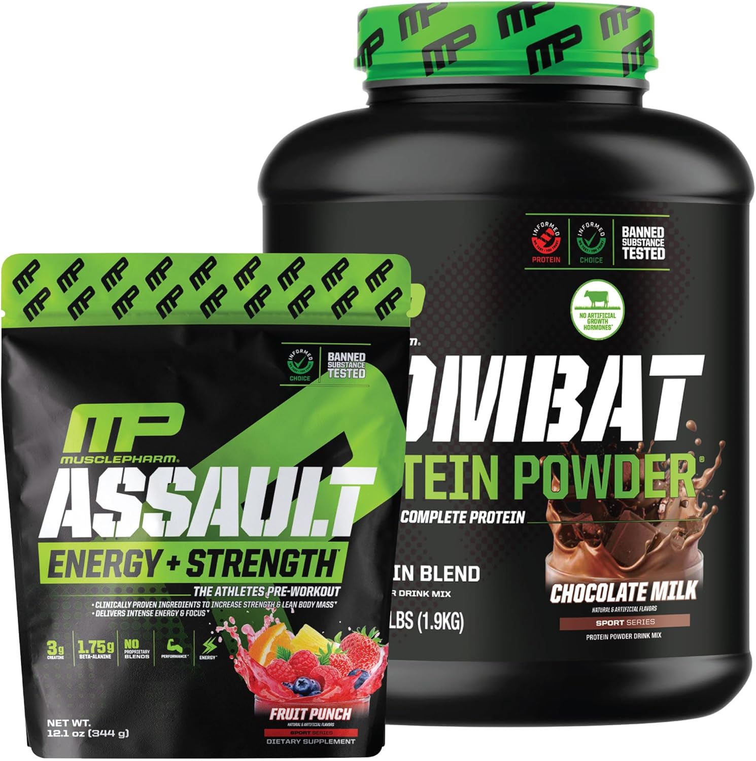 Muscle Pharm Combat Chocolate Protein 4lb & Assualt Fruit Punch Preworkout Bundle