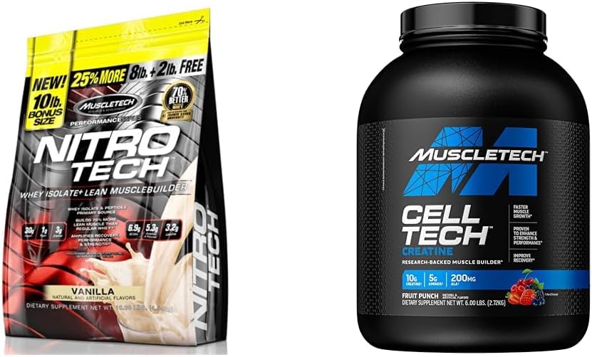 MuscleTech Nitro-Tech Protein Isolate & Peptides + Creatine for Muscle Gain & Cell-Tech Post-Workout Recovery Drink