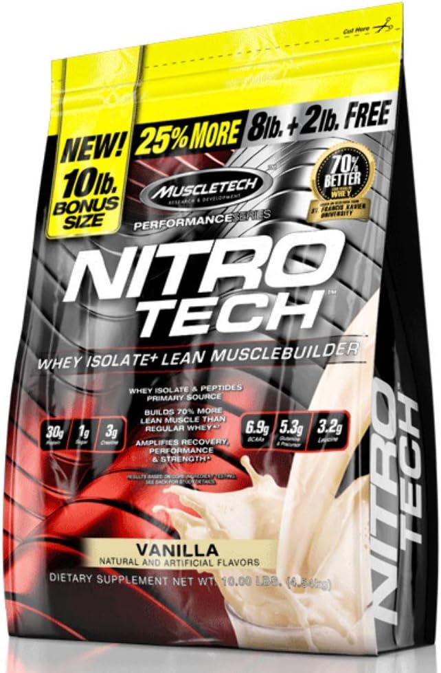 MuscleTech Nitro-Tech Whey Protein Isolate & Peptides with Creatine for Muscle Gain & BCAA Amino Acids + Electrolytes Support