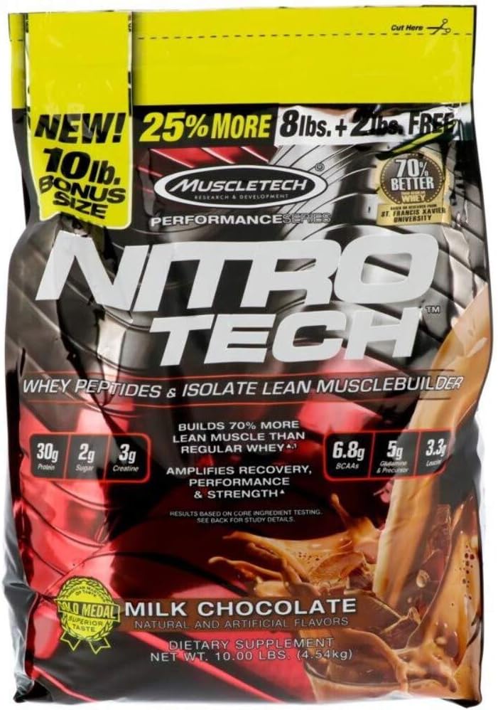 MuscleTech Nitro-Tech Whey Protein Isolate & Peptides with Creatine for Muscle Gain & BCAA Amino Acids + Electrolytes Support