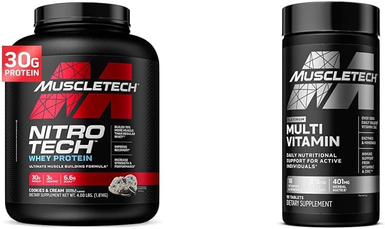 Muscletech Nitro-Tech Whey Protein Powder & Multivitamin Combo for Immune Support - Muscle Building Formula with 30g Protein, 3g Creatine, 6.8g BCAAs, and Platinum Multivitamin containing 18 Vitamins & Minerals