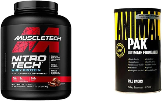 Muscletech Whey Protein Powder Nitro-Tech Isolate, Peptides & Animal Pak - All-in-One Vitamin & Supplement Pack