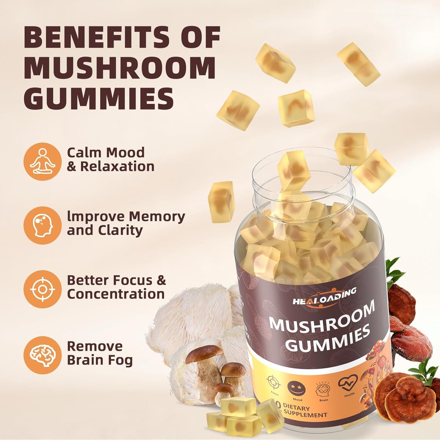 Mushroom Gummies Complex Supplement with Vitamin D3, B6, B9, B12 and Lion's Mane Cordyceps for Immune Support, Brain Health, Focus & Memory Boost