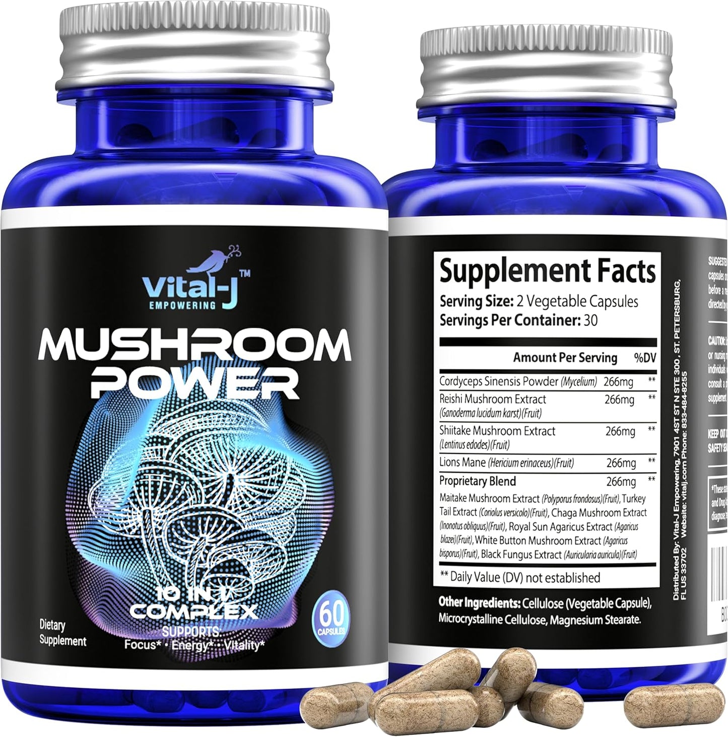 Mushroom Power Complex with Cordyceps, Reishi, Shiitake & Lions Mane - Nootropic Supplement for Gut Health, Focus, Energy - 240 Capsules