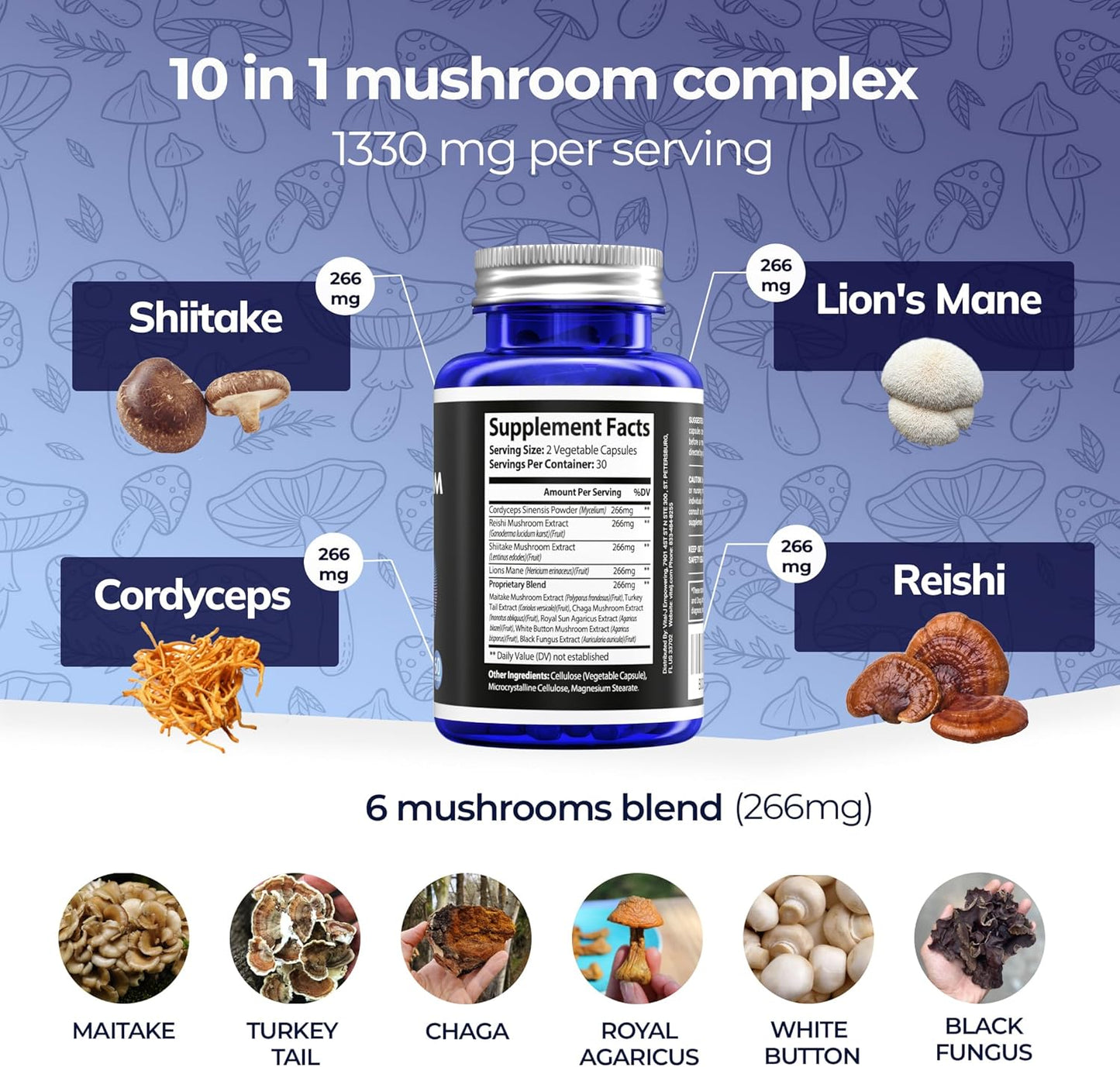 Mushroom Power Complex with Cordyceps, Reishi, Shiitake & Lions Mane - Nootropic Supplement for Gut Health, Focus, Energy - 240 Capsules