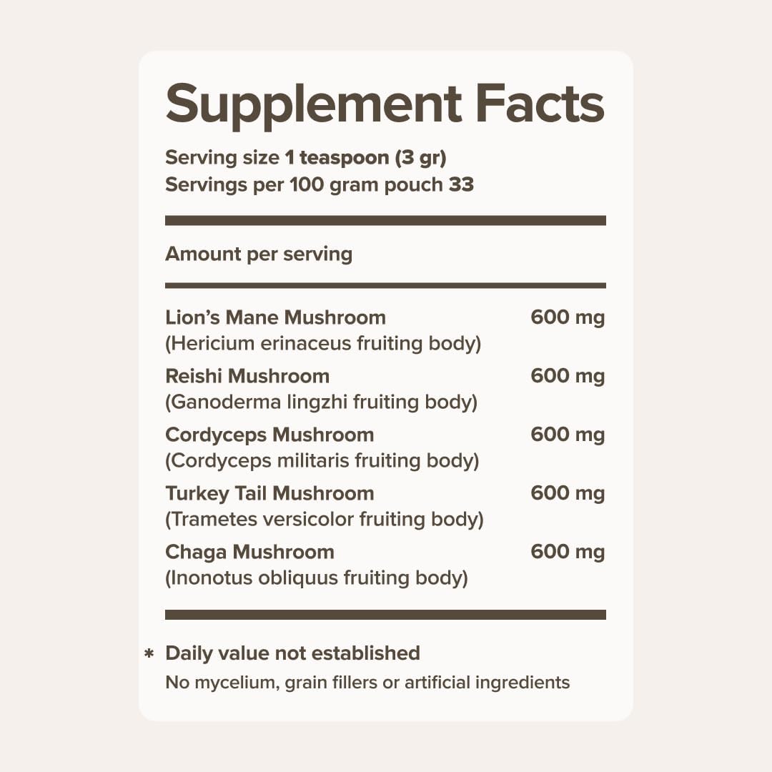 Mushroom Superfood Powder Blend for Coffee, Smoothies, and Tea - Lion's Mane, Reishi, Turkey Tail, Cordyceps, Chaga - 3.5 oz