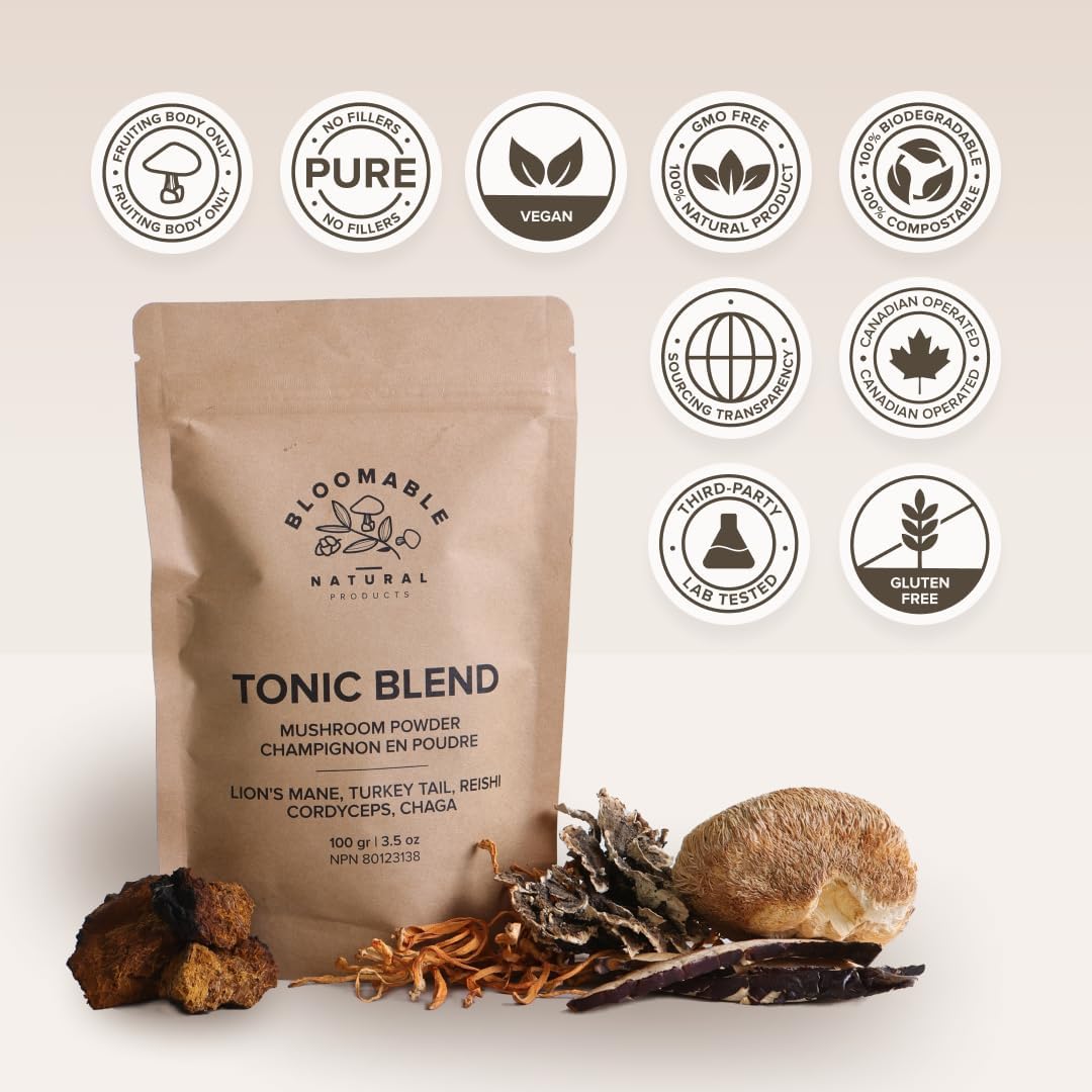Mushroom Superfood Powder Blend for Coffee, Smoothies, and Tea - Lion's Mane, Reishi, Turkey Tail, Cordyceps, Chaga - 3.5 oz