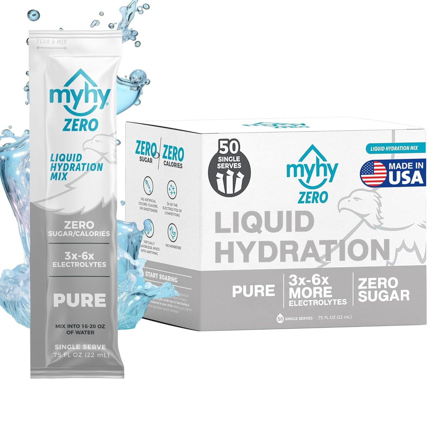 MyHy Zero Sugar Electrolyte Drink Mix Packets for Adults & Kids - Hydration Solution for Travel, Pregnancy, Sports, Bachelor Parties - Pure, 50 Count