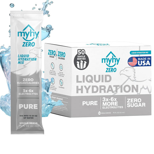 MyHy Zero Sugar Electrolyte Drink Mix Packets for Adults & Kids - Hydration Solution for Travel, Pregnancy, Sports, Bachelor Parties - Pure, 50 Count