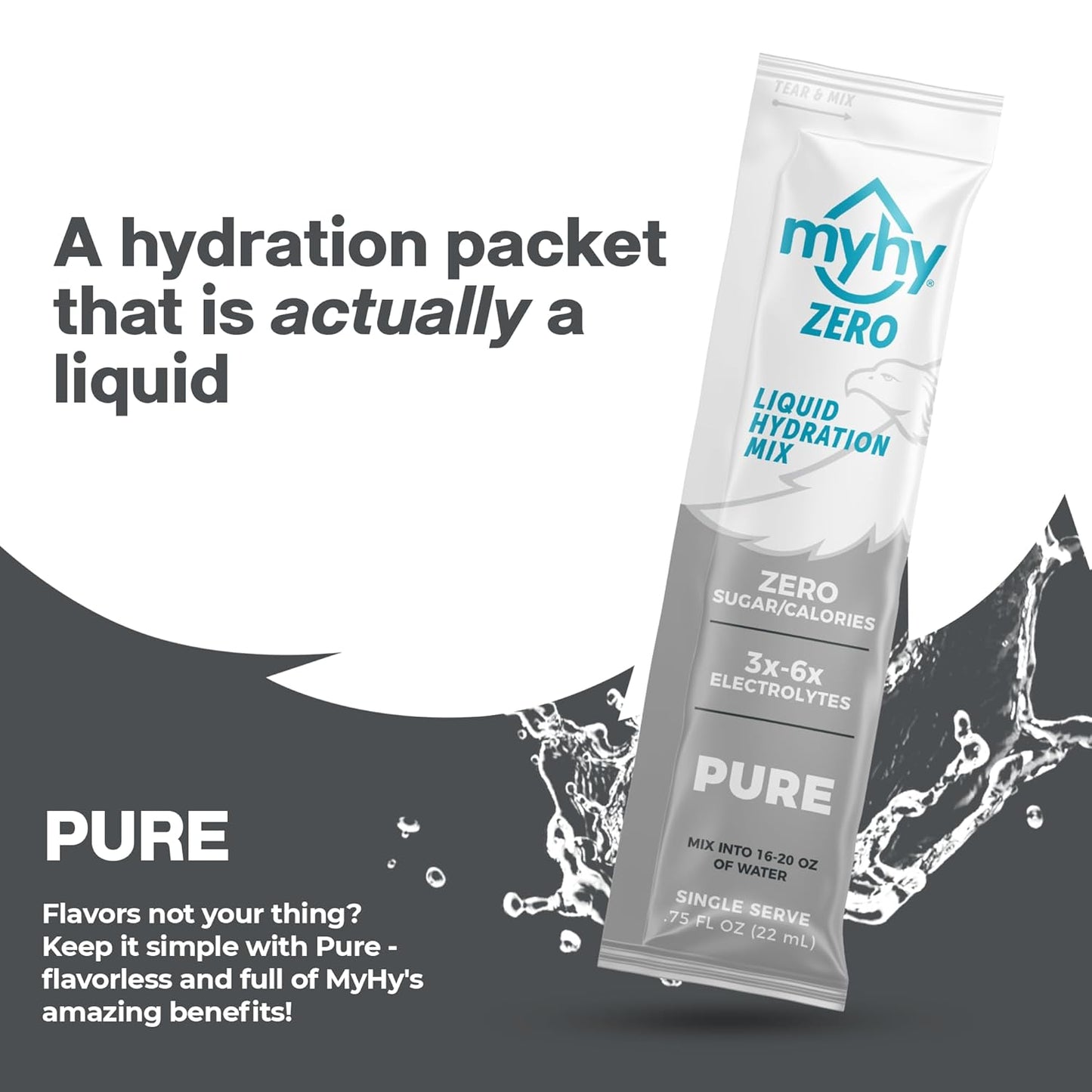 MyHy Zero Sugar Electrolyte Drink Mix Packets for Adults & Kids - Hydration Solution for Travel, Pregnancy, Sports, Bachelor Parties - Pure, 50 Count