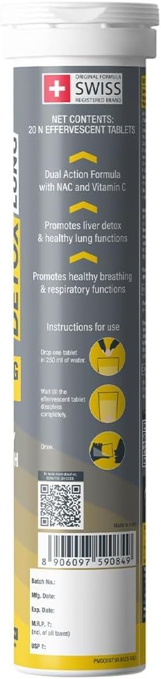 NAC 600mg + Vitamin C Lung Detox Effervescent Tablets - Strawberry Flavour - Pack of 20 - Respiratory Support & Lung Health