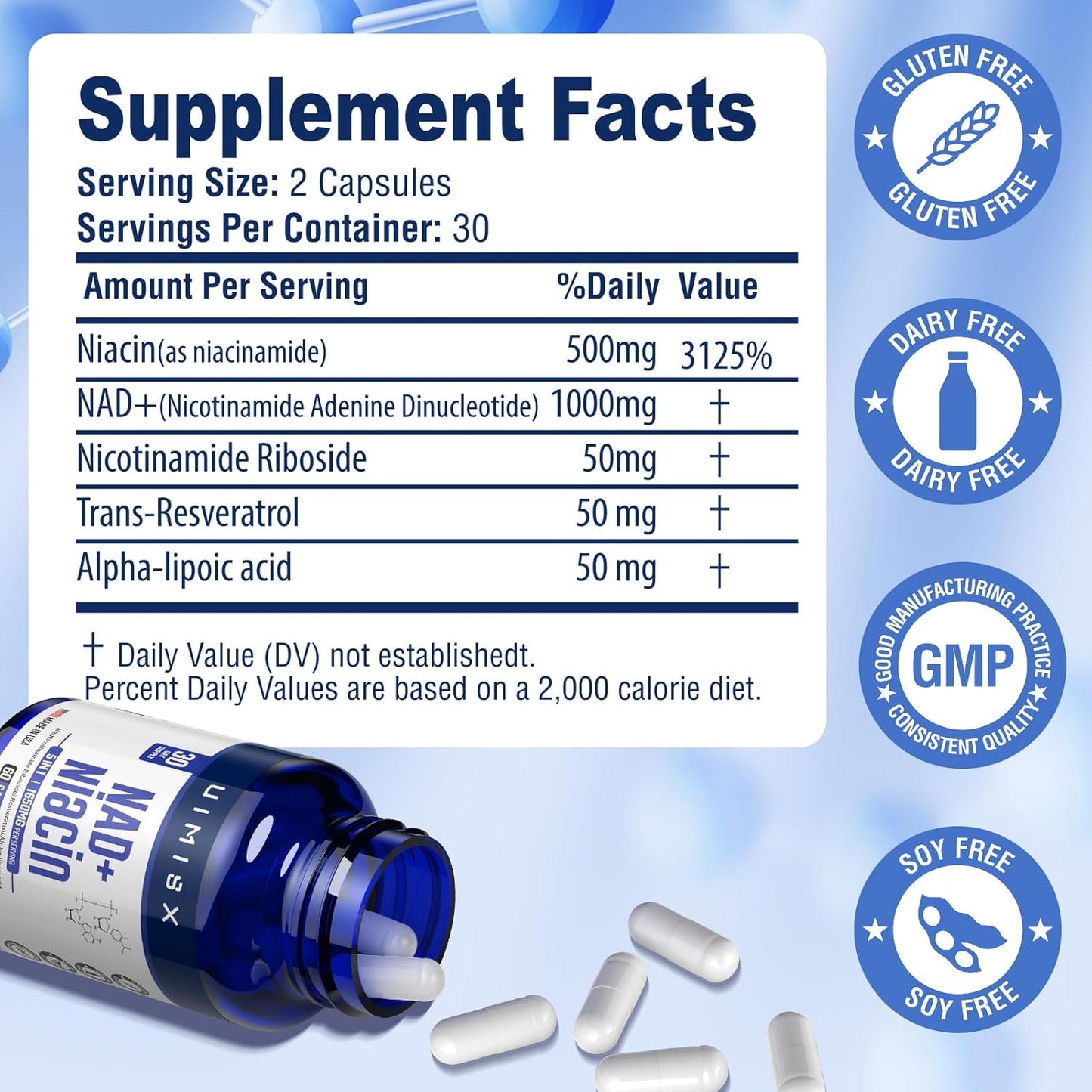 NAD+ Supplement 1000mg with Niacin (Vitamin B3) 500mg - NR Boost for Women and Men - Anti-Aging, Energy, Brain, Muscle - Non-GMO, Gluten-Free, 95% Pure