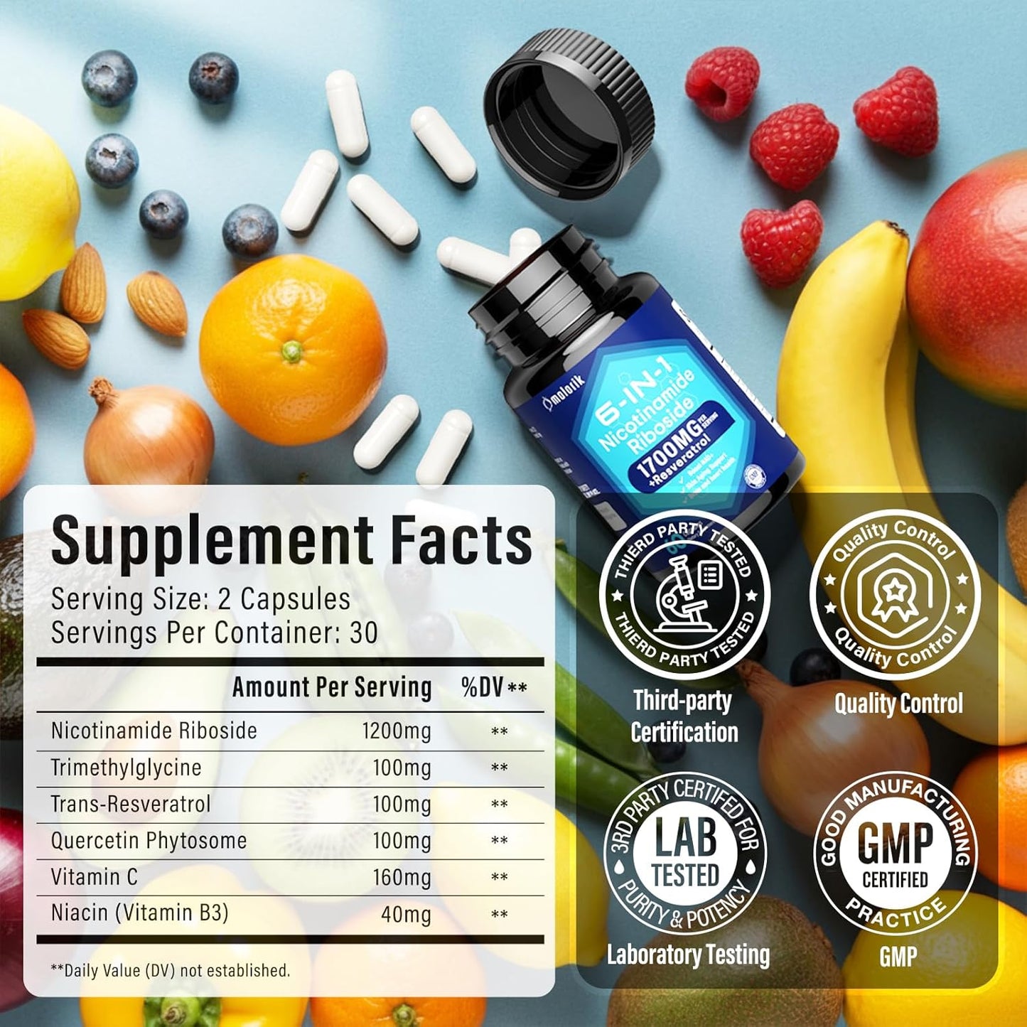 NAD+ Supplement with Nicotinamide Riboside 1700mg, Trimethylglycine, Trans-Resveratrol, Vitamin C, Niacin (B3) - 180 Capsules for Anti-Aging, Cell Repair, Healthy Skin, Vitality