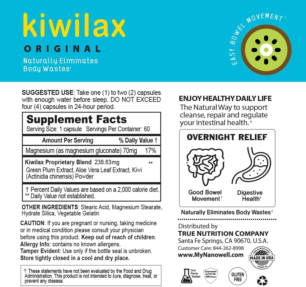 NANOWELL Kiwilax Original Capsules - Promotes Healthy Digestion and Bowel Movements with Magnesium & Kiwi Blend - 60 Day Supply