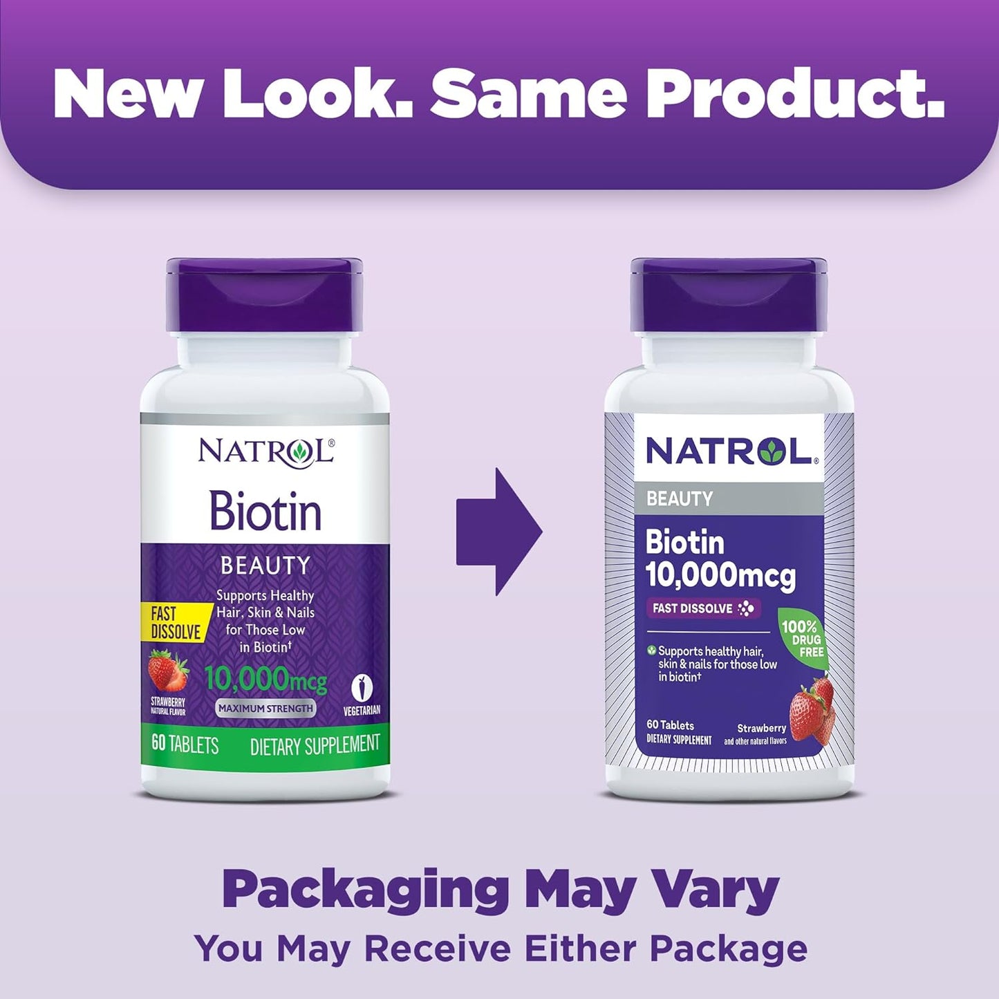 Natrol Beauty Biotin 10000mcg Fast Dissolve Tablets, 180 Day Supply, Strawberry-Flavored, Hair Skin Nails Dietary Supplement