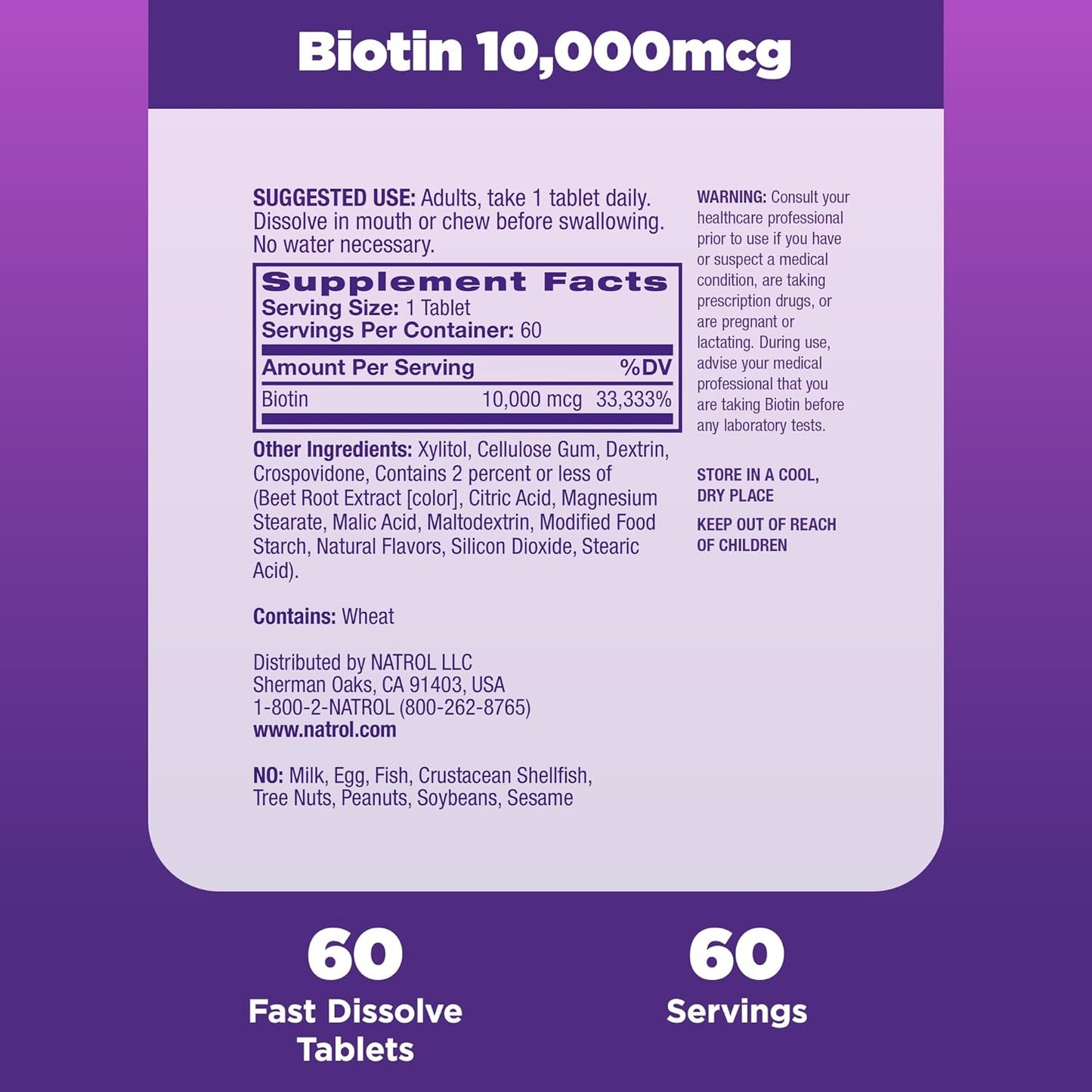 Natrol Beauty Biotin 10000mcg Fast Dissolve Tablets, 180 Day Supply, Strawberry-Flavored, Hair Skin Nails Dietary Supplement
