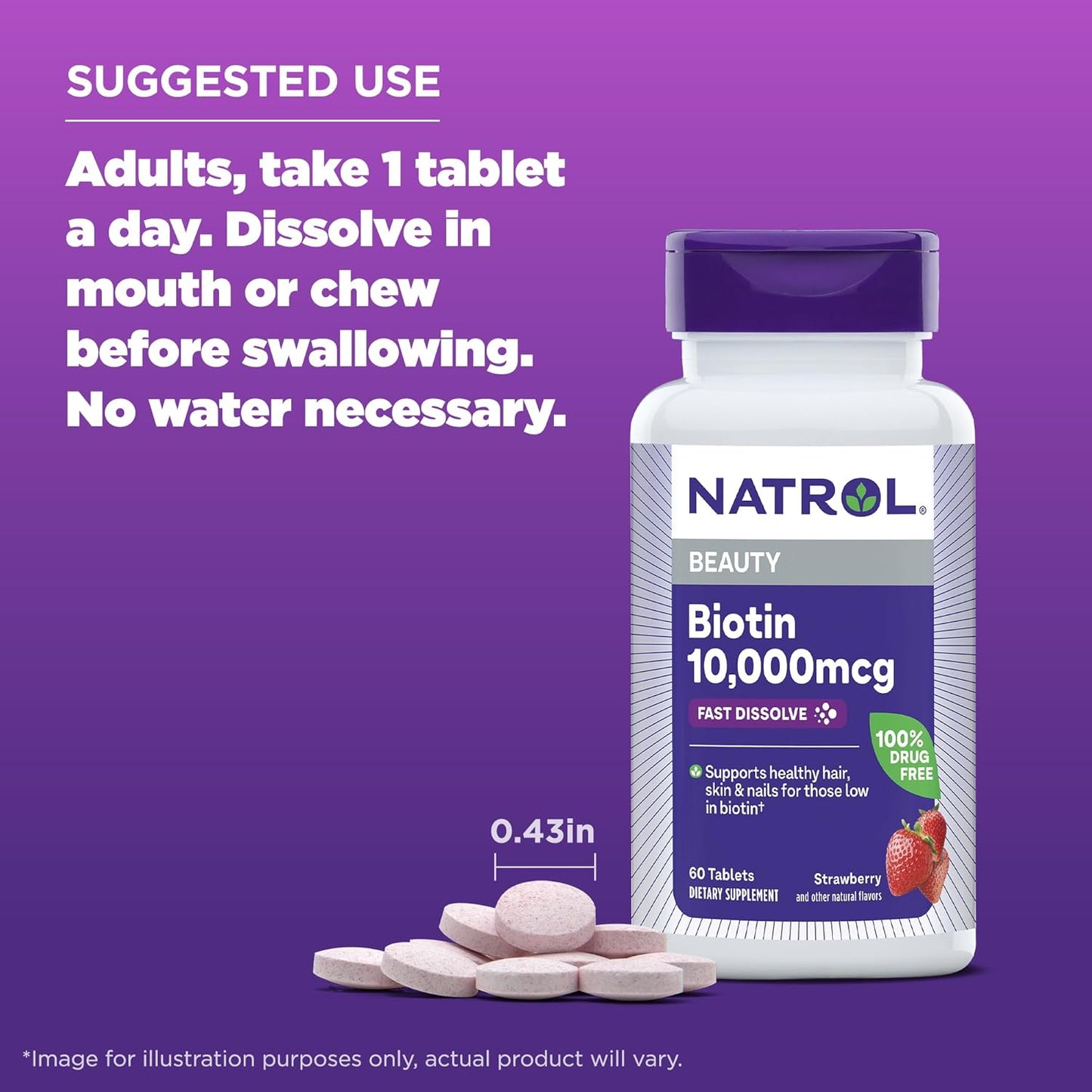 Natrol Beauty Biotin 10000mcg Fast Dissolve Tablets, 180 Day Supply, Strawberry-Flavored, Hair Skin Nails Dietary Supplement