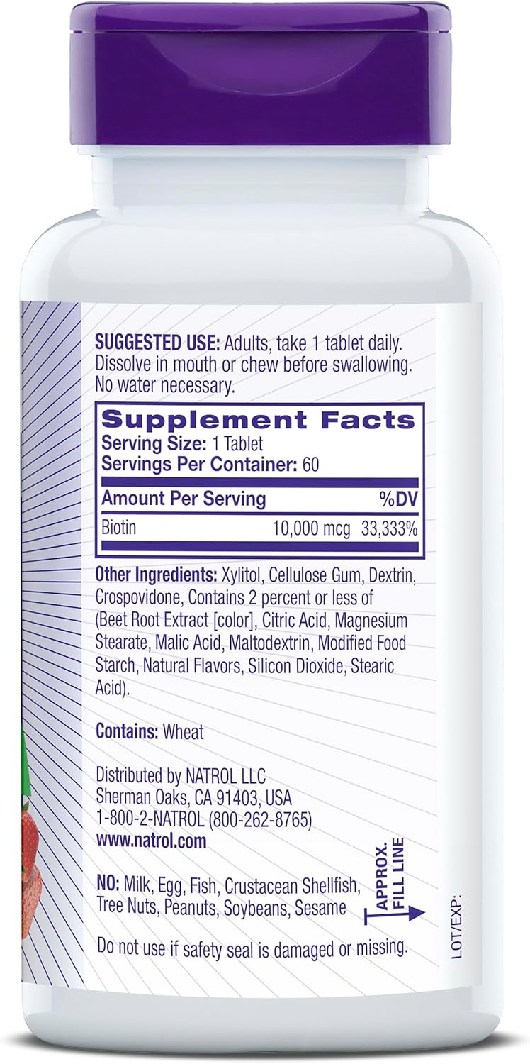 Natrol Beauty Biotin 10000mcg Fast Dissolve Tablets, 180 Day Supply, Strawberry-Flavored, Hair Skin Nails Dietary Supplement