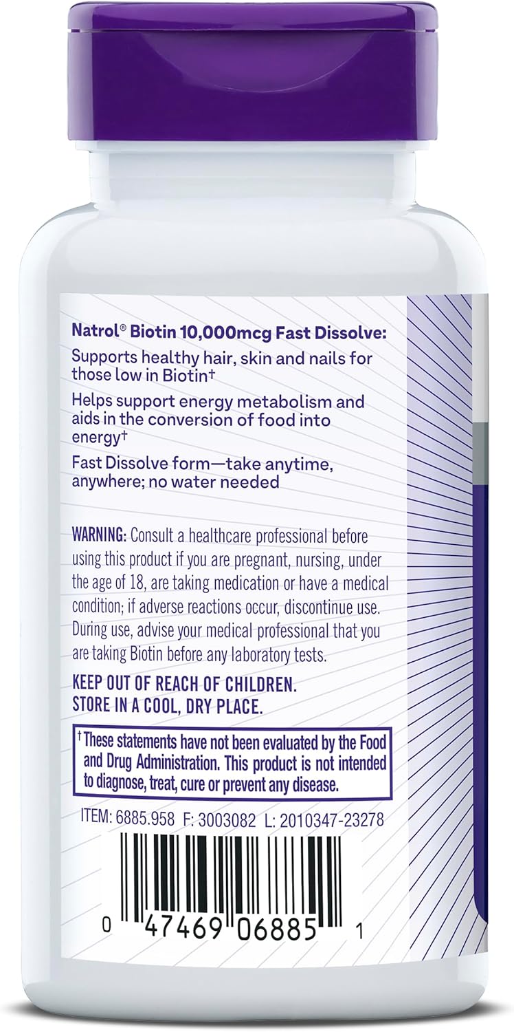 Natrol Beauty Biotin 10000mcg Fast Dissolve Tablets, 180 Day Supply, Strawberry-Flavored, Hair Skin Nails Dietary Supplement