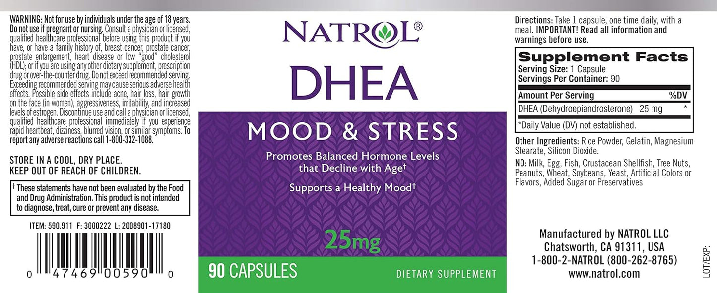Natrol Mood & Stress DHEA 25mg Capsules - Hormone Balance & Mood Support - 180 Capsules, 180 Day Supply