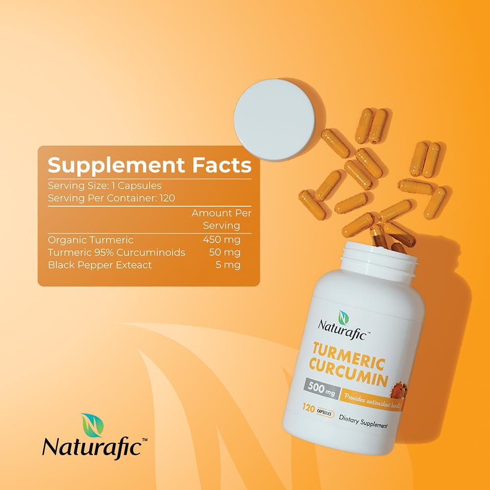 Naturafic Turmeric Curcumin Capsules with Piperine - 500mg, 120 Count - Enhanced Absorption, Non-GMO & Gluten-Free