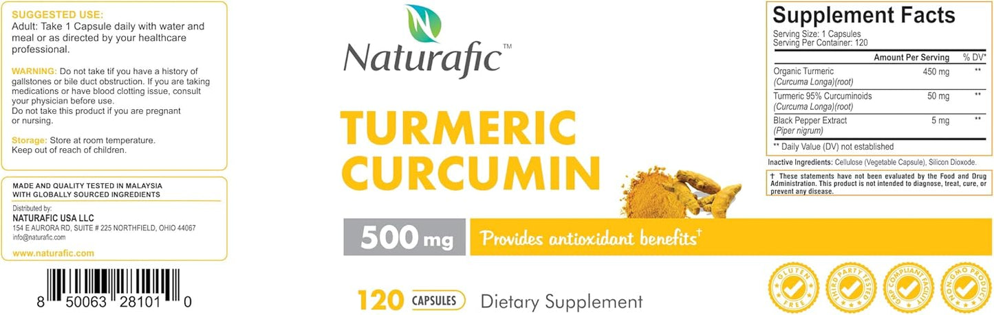 Naturafic Turmeric Curcumin Capsules with Piperine - 500mg, 120 Count - Enhanced Absorption, Non-GMO & Gluten-Free