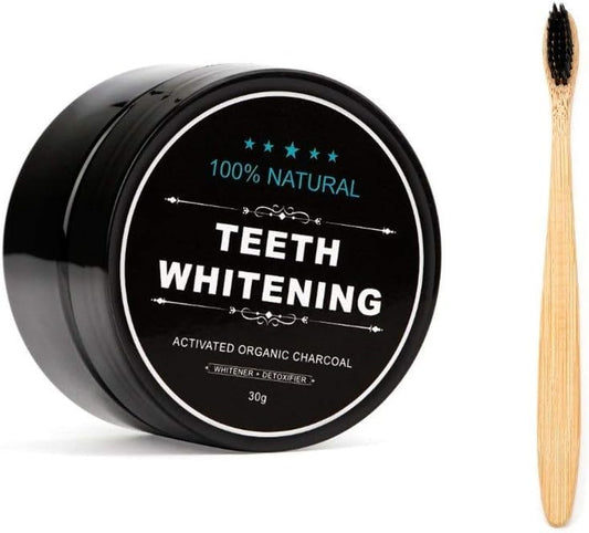 Natural Activated Charcoal Teeth Whitening Powder Set with Bamboo Brush - Gentle Oral Care, No Enamel or Gum Damage