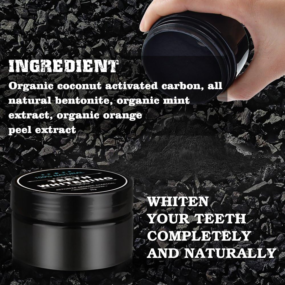 Natural Activated Charcoal Teeth Whitening Powder Set with Bamboo Brush - Gentle Oral Care, No Enamel or Gum Damage