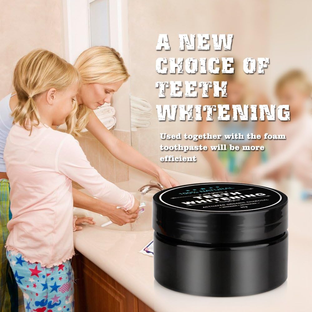 Natural Activated Charcoal Teeth Whitening Powder Set with Bamboo Brush - Gentle Oral Care, No Enamel or Gum Damage
