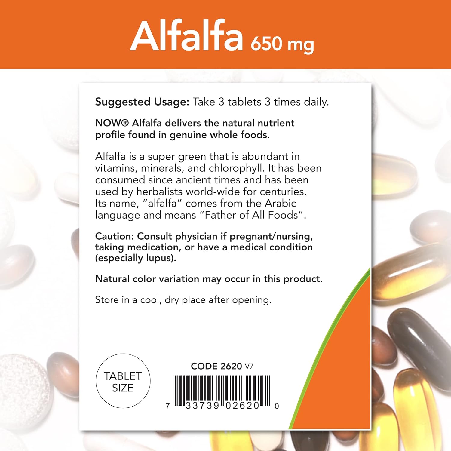 Natural Alfalfa Supplement 10 Grain Tablets - 625 mg, 250 Count by NOW Foods