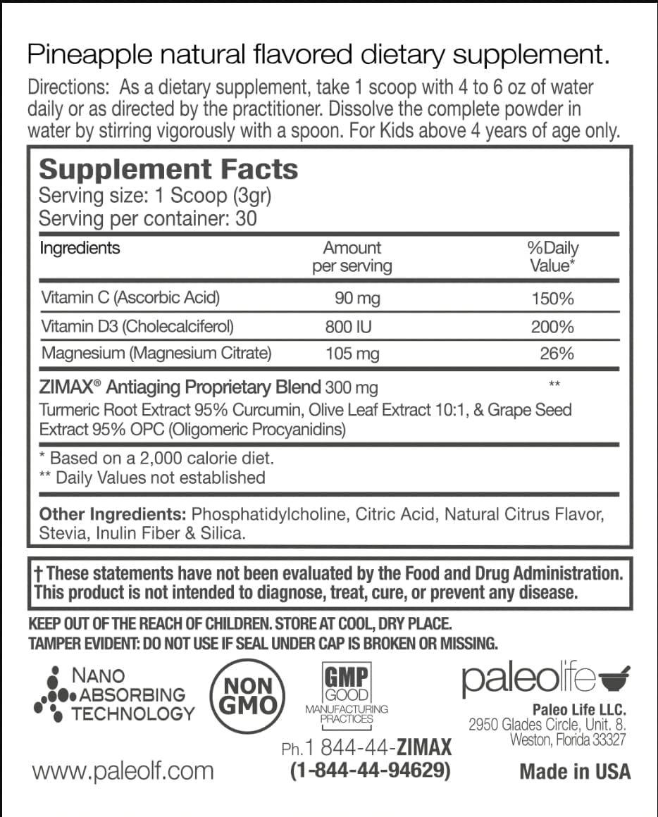 Natural Antioxidant Supplement for Kids 4-16 with Vitamin C, Magnesium, & D3 - Curcumin, Ginger, Minerals - High Absorption Formula - Paleolf ZIMAX Junior