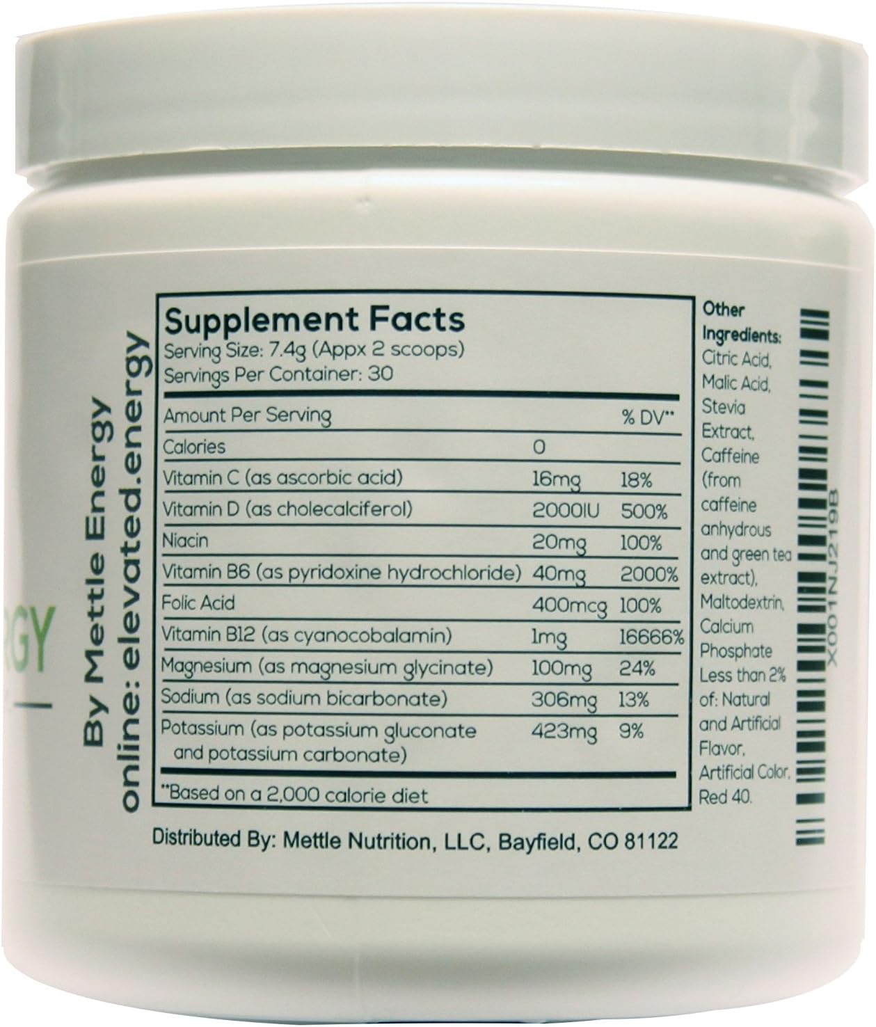 Natural Caffeine & Stevia Energy Drink Mix Powder - Strawberry Kiwi Flavor | Mettle Energy Fizzy Drink | 30 Servings