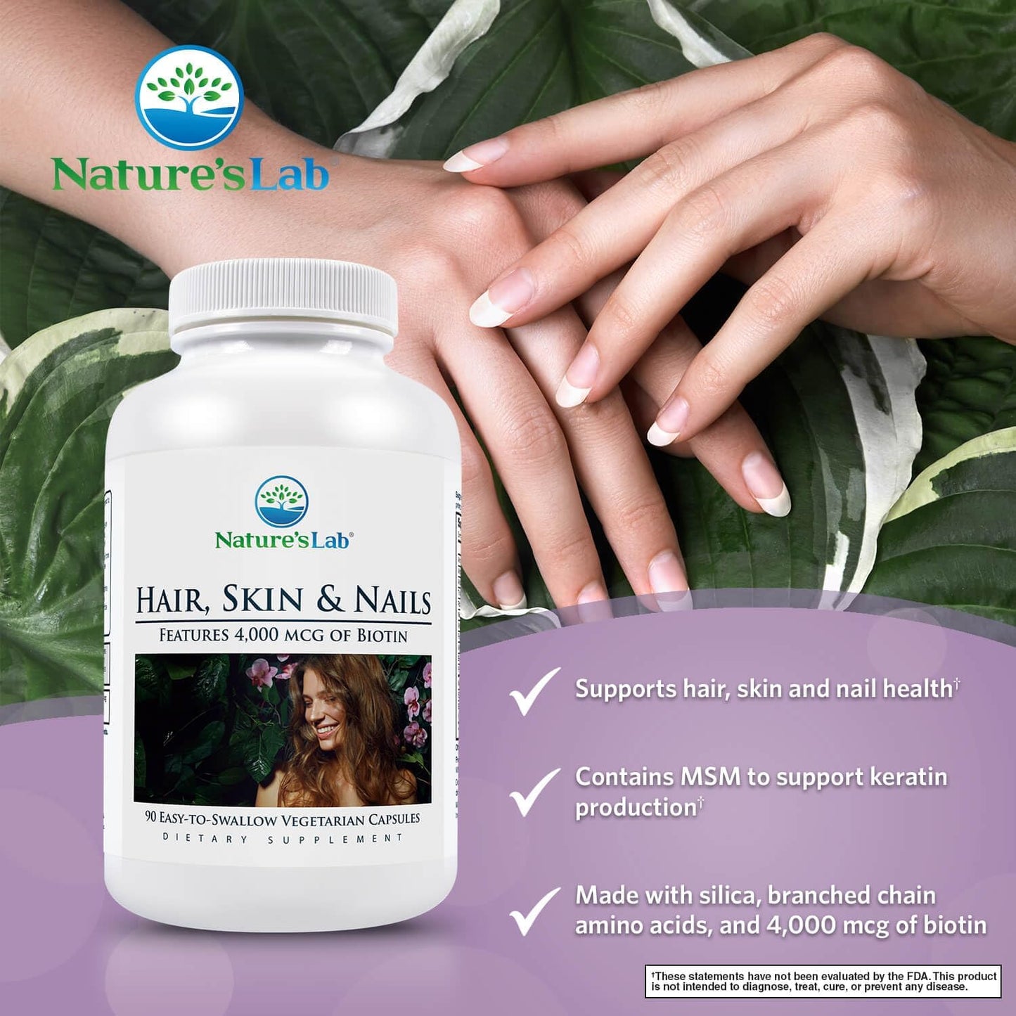 Natural Hair, Skin, and Nails Supplement with Biotin, BCAA, MSM, and Vitamins - 90 Ct (3 Month Supply)