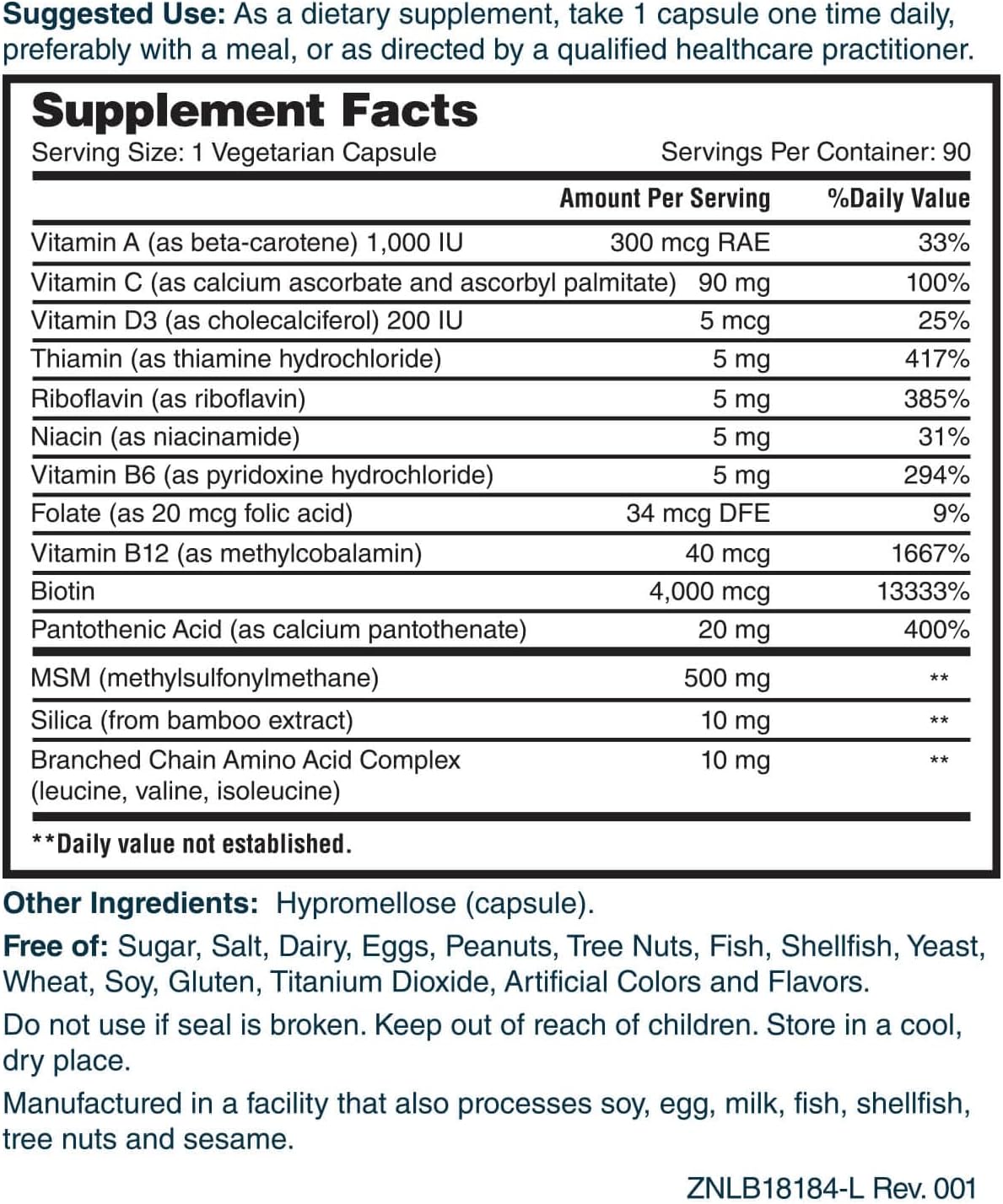 Natural Hair, Skin, and Nails Supplement with Biotin, BCAA, MSM, and Vitamins - 90 Ct (3 Month Supply)