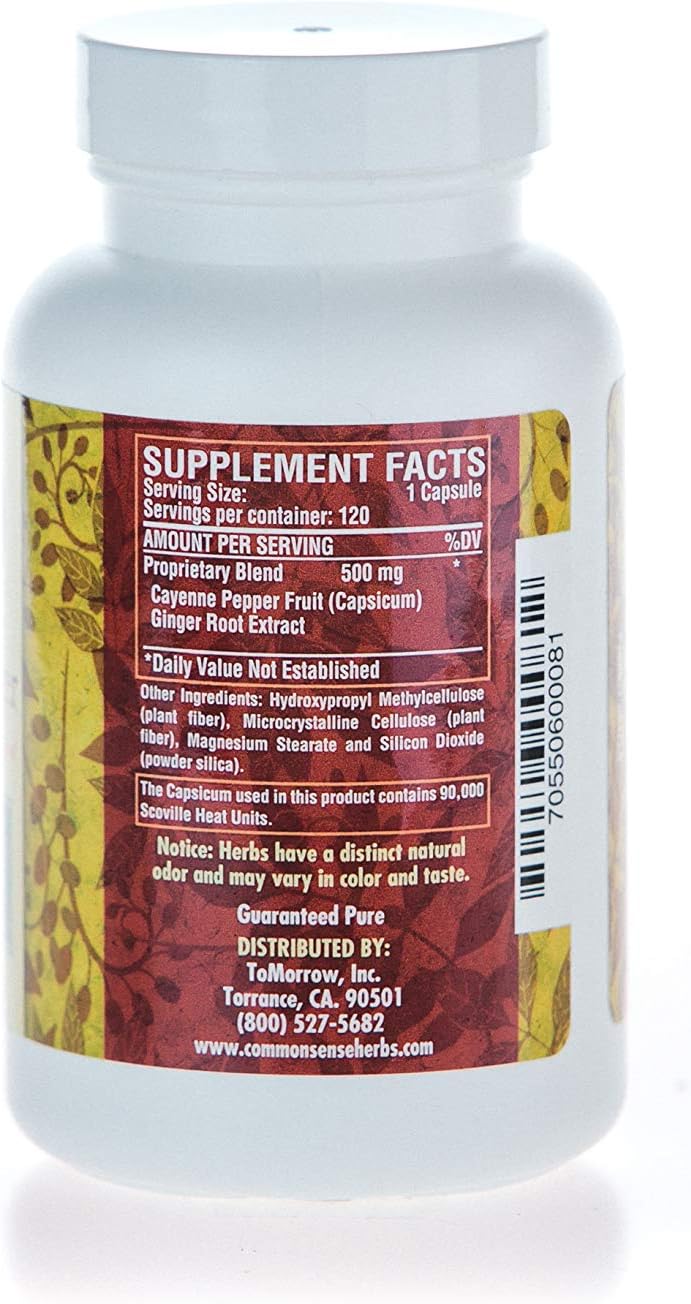 Natural Herbal Capsicum and Ginger Supplement for Circulatory and Digestive Health - 120 Capsules