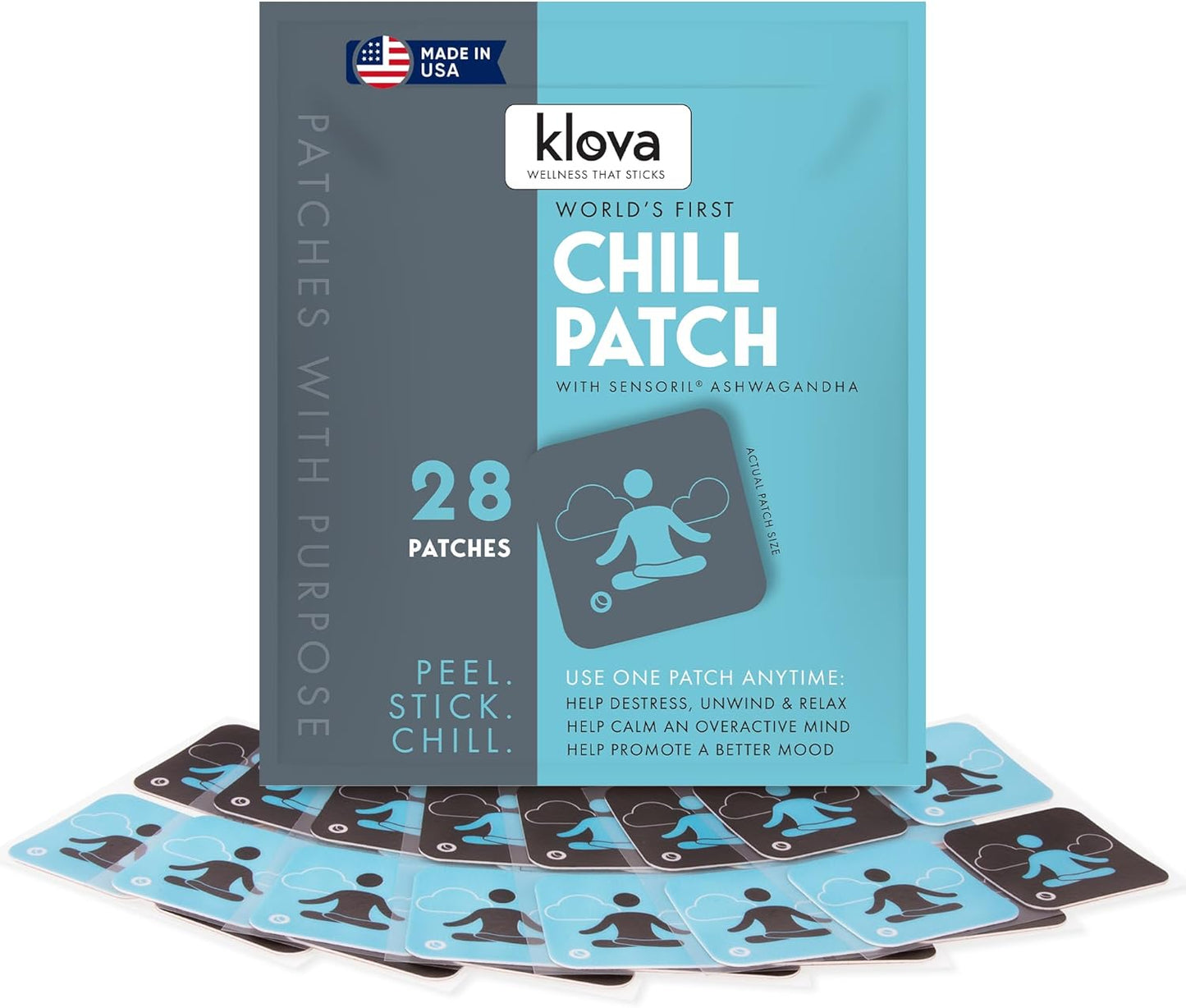 Natural Klova Chill Patches with Sensoril Ashwagandha, Rhodiola Rosea, and More for Stress Relief and Relaxation