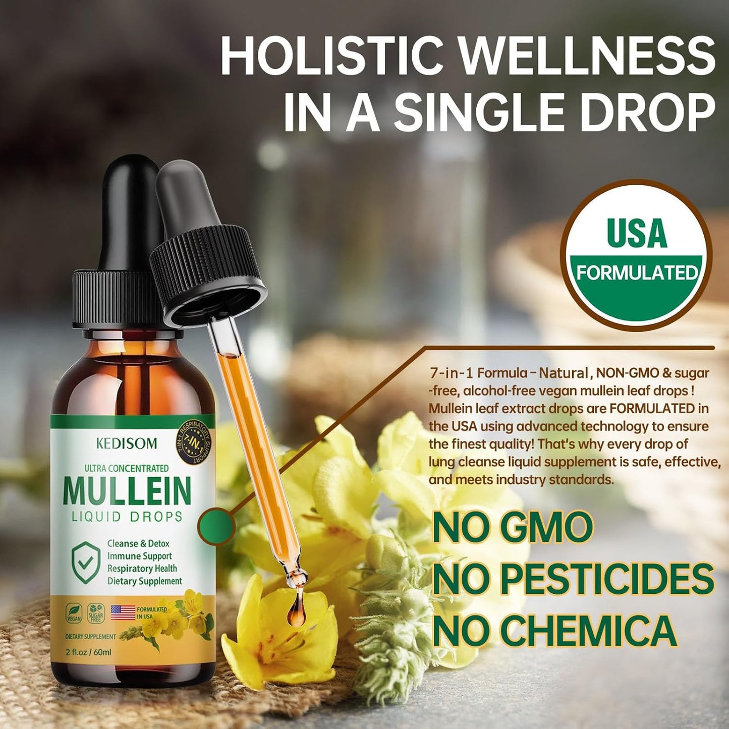Natural Mullein Leaf Extract Drops with Marshmallow Root and Ginger - 7 in 1 Lung Cleanse & Immune Support Supplement - 2 Fl Oz - Non-GMO Herbal Formula for Gut Health
