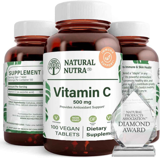 Natural Nutra Vitamin C Supplement 500 mg, Boost Immune System, Promotes Heart Health, Help Regulate Metabolism, Help Promotes Fluid Regulation and Skin Texture, Overall Body Health, 100 Vegan Tablet