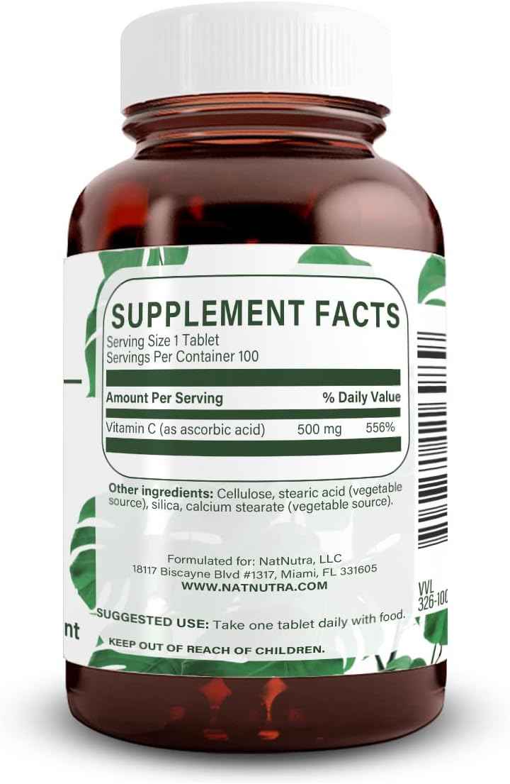 Natural Nutra Vitamin C Supplement 500 mg, Boost Immune System, Promotes Heart Health, Help Regulate Metabolism, Help Promotes Fluid Regulation and Skin Texture, Overall Body Health, 100 Vegan Tablet