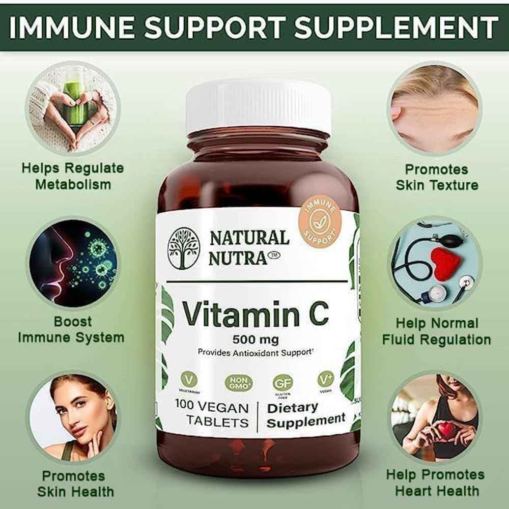 Natural Nutra Vitamin C Supplement 500 mg, Boost Immune System, Promotes Heart Health, Help Regulate Metabolism, Help Promotes Fluid Regulation and Skin Texture, Overall Body Health, 100 Vegan Tablet