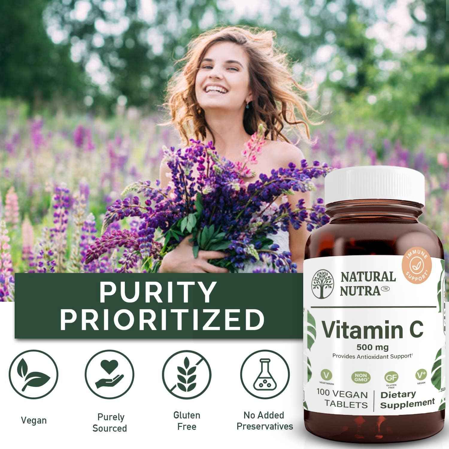Natural Nutra Vitamin C Supplement 500 mg, Boost Immune System, Promotes Heart Health, Help Regulate Metabolism, Help Promotes Fluid Regulation and Skin Texture, Overall Body Health, 100 Vegan Tablet