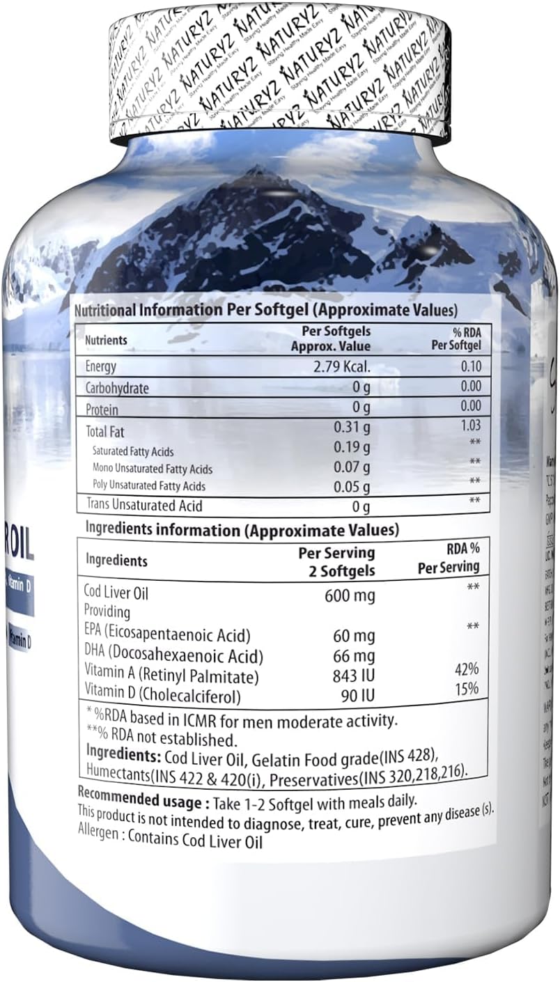 Natural Omega 3 EPA & DHA COD Liver Oil Capsules with Vitamin D & A for Immunity & Joint Health - 100 Count