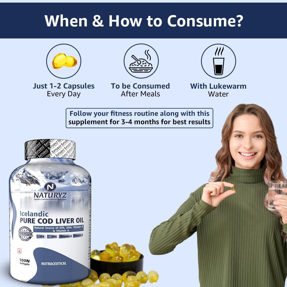 Natural Omega 3 EPA & DHA COD Liver Oil Capsules with Vitamin D & A for Immunity & Joint Health - 100 Count
