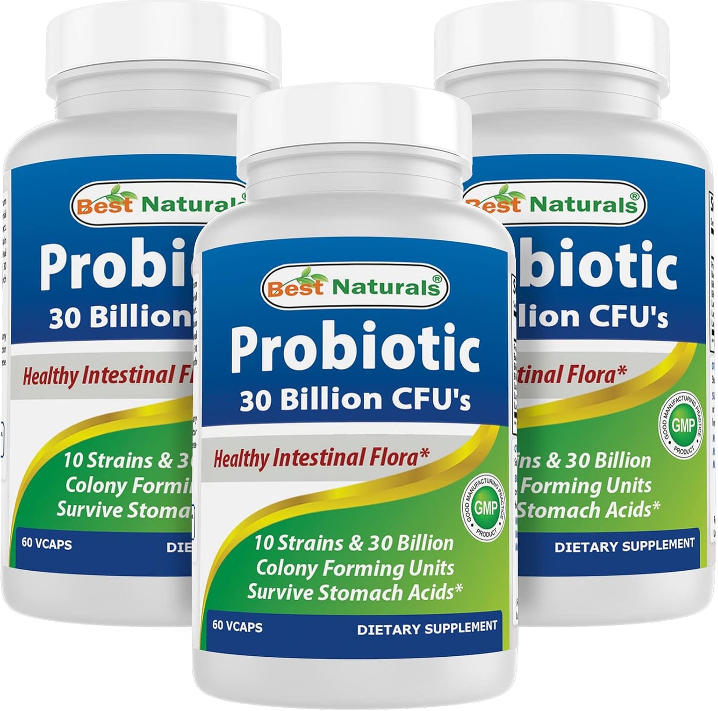 Natural Probiotic with 10 Strains and 30 Billion CFU for Intestinal Health - 180 Veggie Capsules in Total