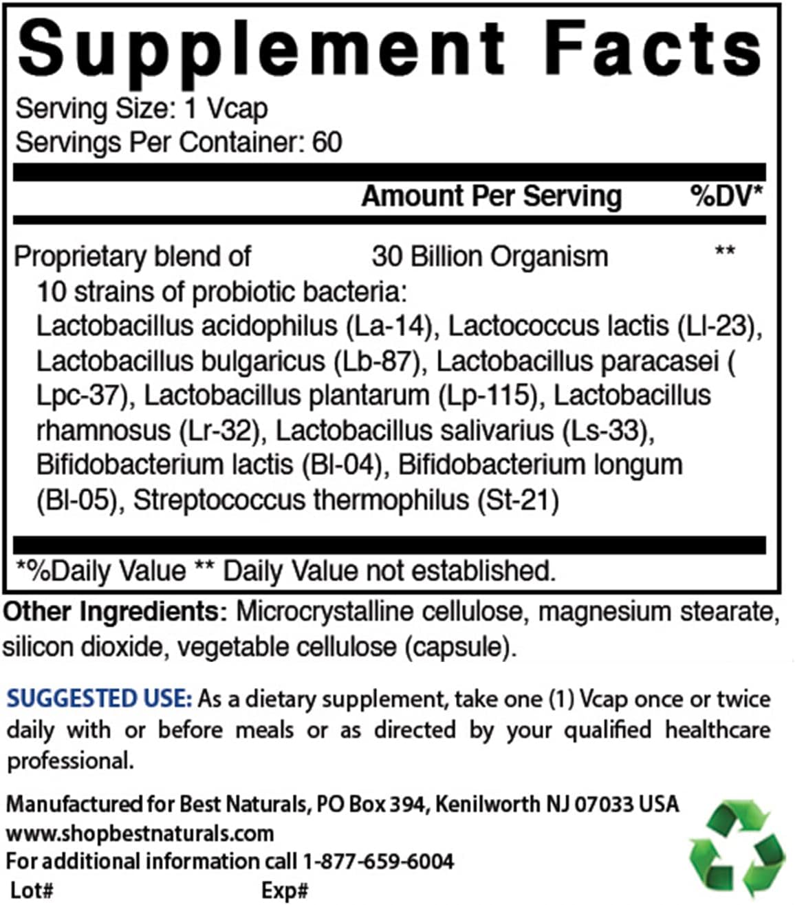 Natural Probiotic with 10 Strains and 30 Billion CFU for Intestinal Health - 180 Veggie Capsules in Total